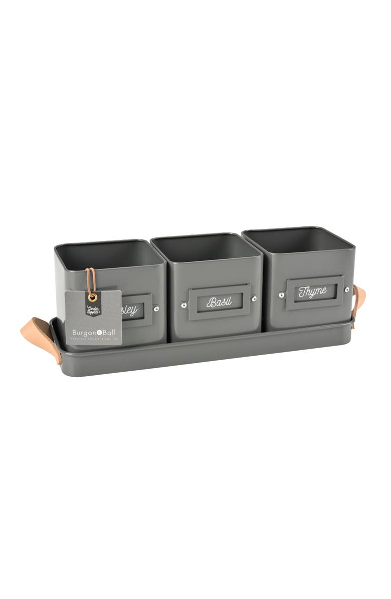 Burgon & Ball Herb Pots with Leather Handled Tray - Set of 3, Main, color, Charcoal