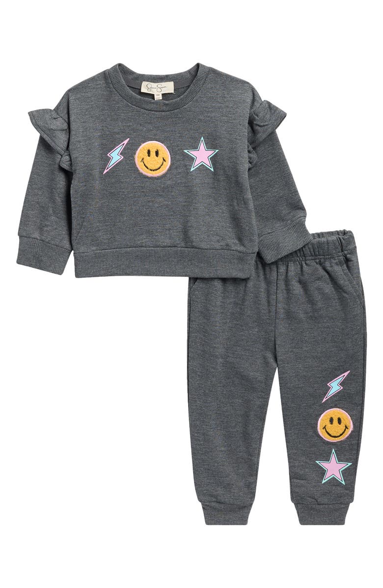 Jessica Simpson Smiley French Terry Sweatshirt & Joggers Set, Main, color, Charcoal Heather