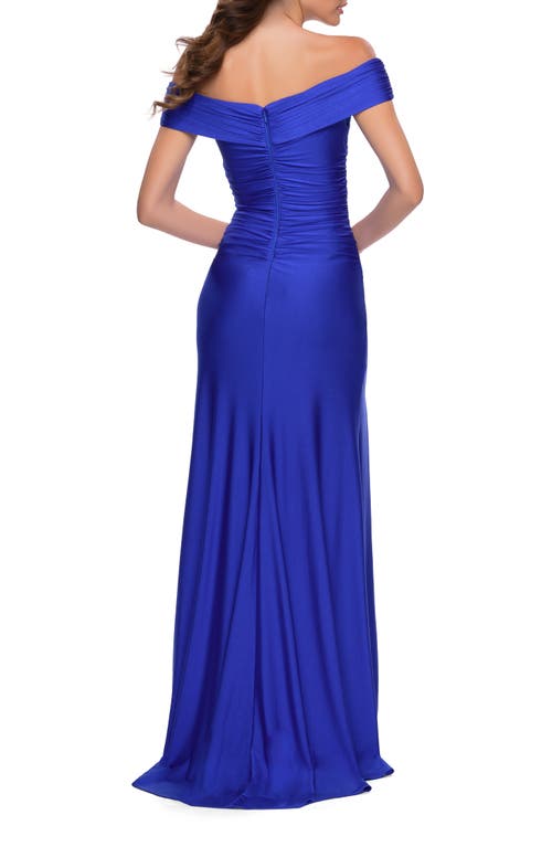 La Femme Off The Shoulder Stretch Jersey Gown In Royal Blue