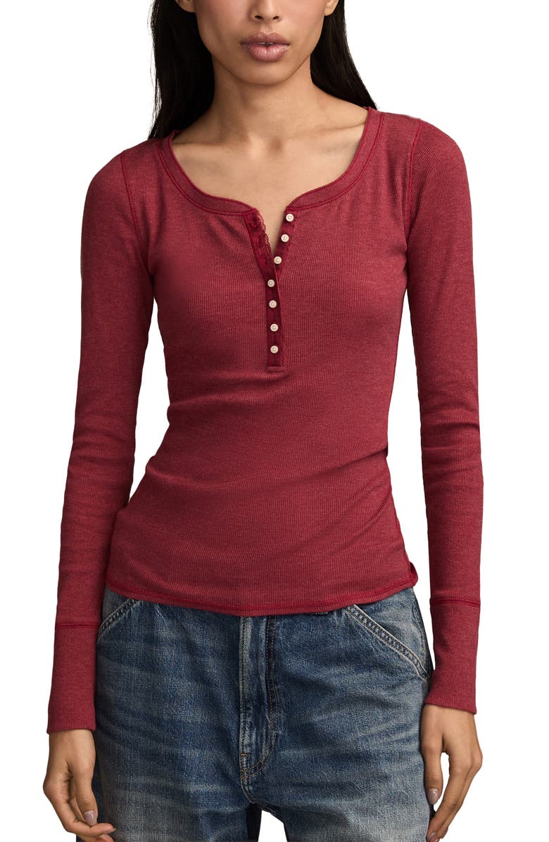 Lucky Brand Lace Trim Henley, Main, color, Red Dahlia
