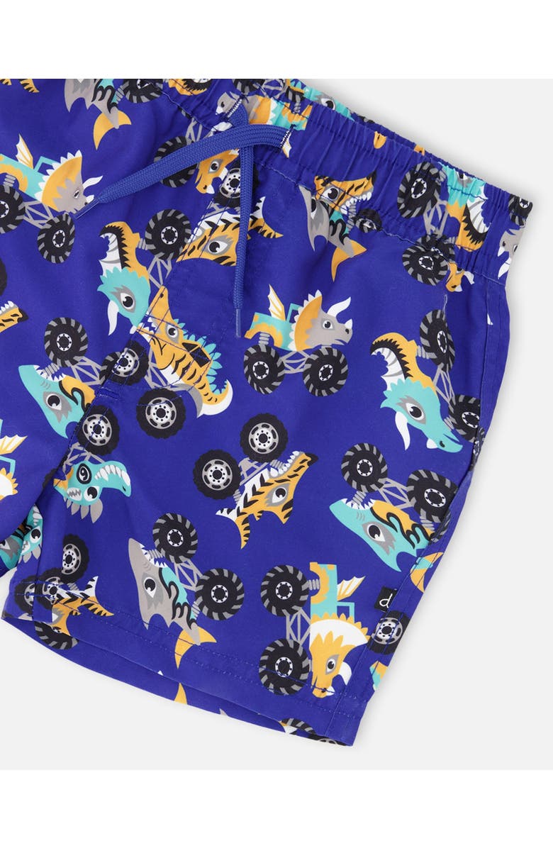 Deux par Deux Mid Thigh Elastic Waist Truck Boardshorts, Alternate, color, Blue Printed Trucks