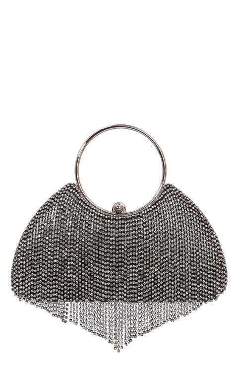Circle Handle Rhinestone Fringe Clutch