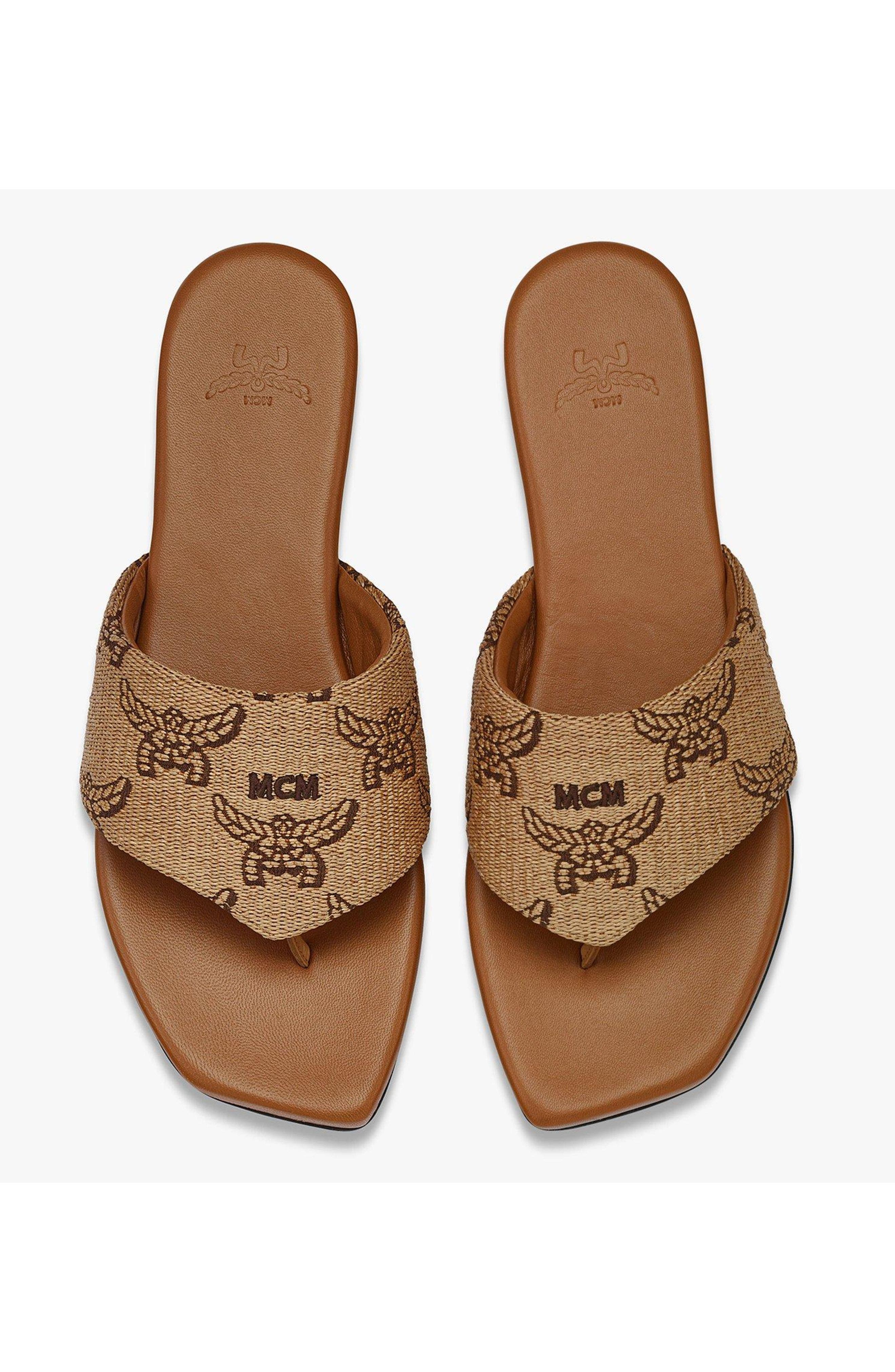 MCM Flat Sandals in Lauretos Raffia Jacquard, Alternate, color, Beige