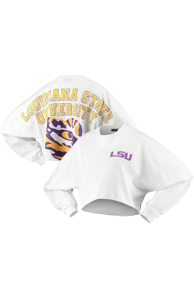 SPIRIT JERSEY Women's White LSU Tigers Raw Hem Cropped Spirit Jersey Long Sleeve T-Shirt, Main, color,