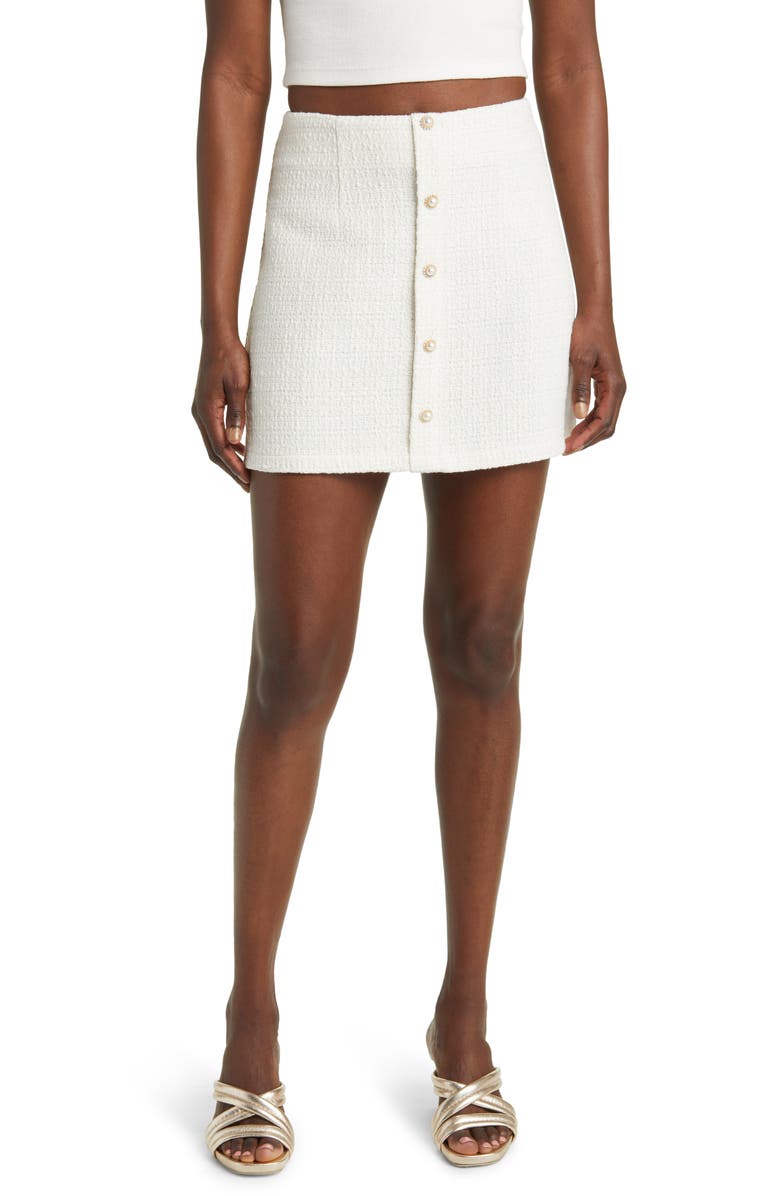 All in Favor Imitation Pearl Decorative Button Tweed Miniskirt, Main, color,