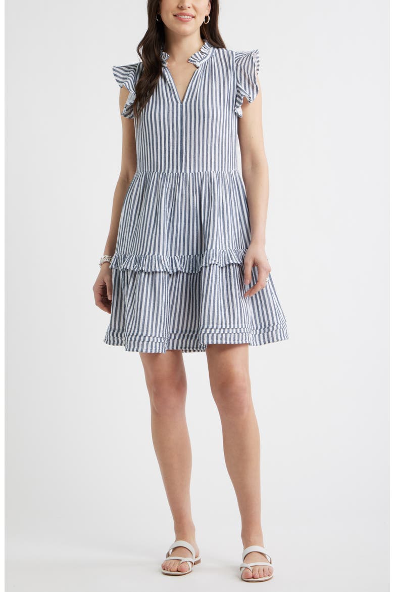 Ruffle Duo Cotton Gauze Dress, Main, color, NAVY- WHITE BRIANNE STRIPE