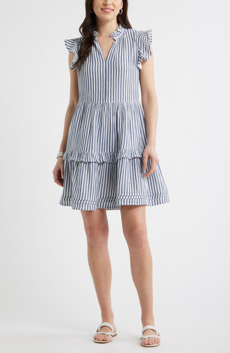 Caslon<sup>®</sup> Ruffle Duo Cotton Gauze Dress, Main, color, Navy- White Brianne Stripe