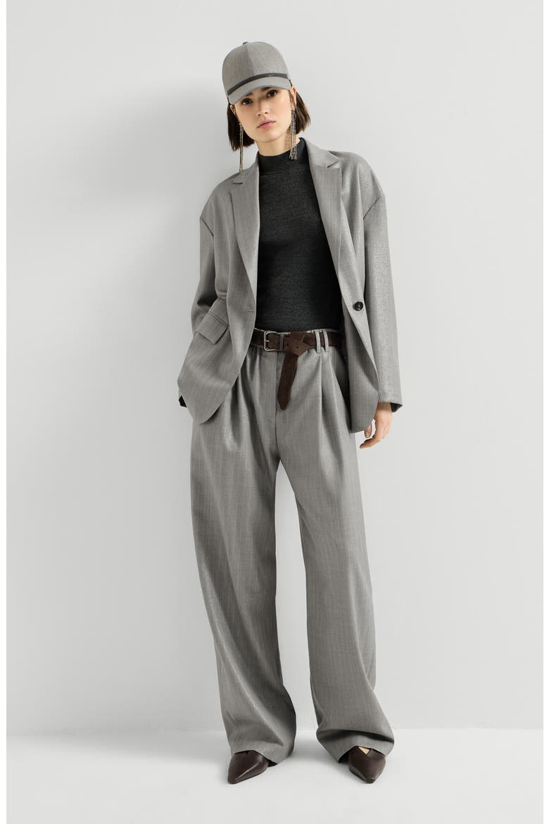 Sparkling virgin wool pinstripe track trousers with monili, Alternate, color, Silver
