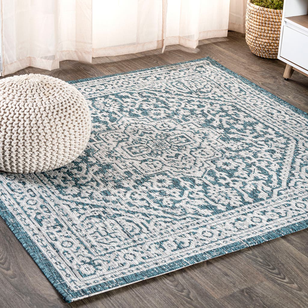Jonathan Y Sinjuri Medallion Textured Weave Indoor/outdoor Area Rug In Teal Blue/gray
