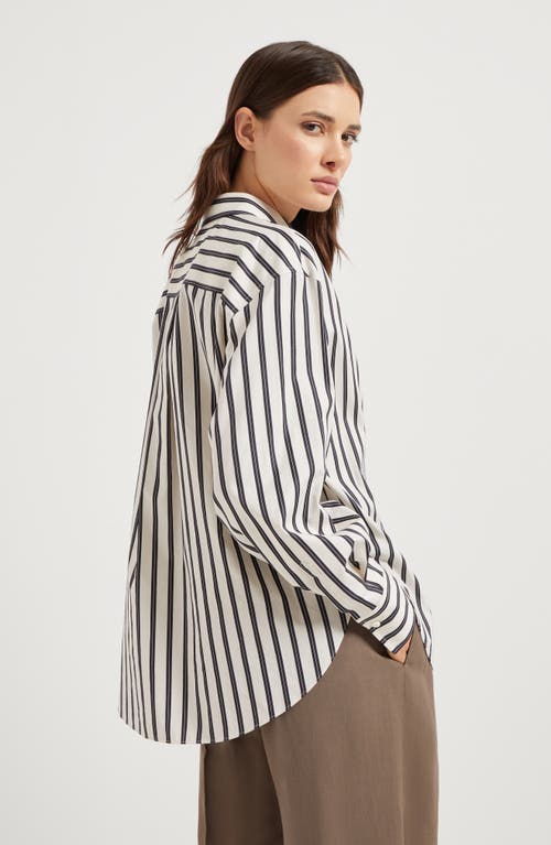 Brunello Cucinelli White Shirt With Floral Embroidery On The Front And All-over Striped Motif In Black