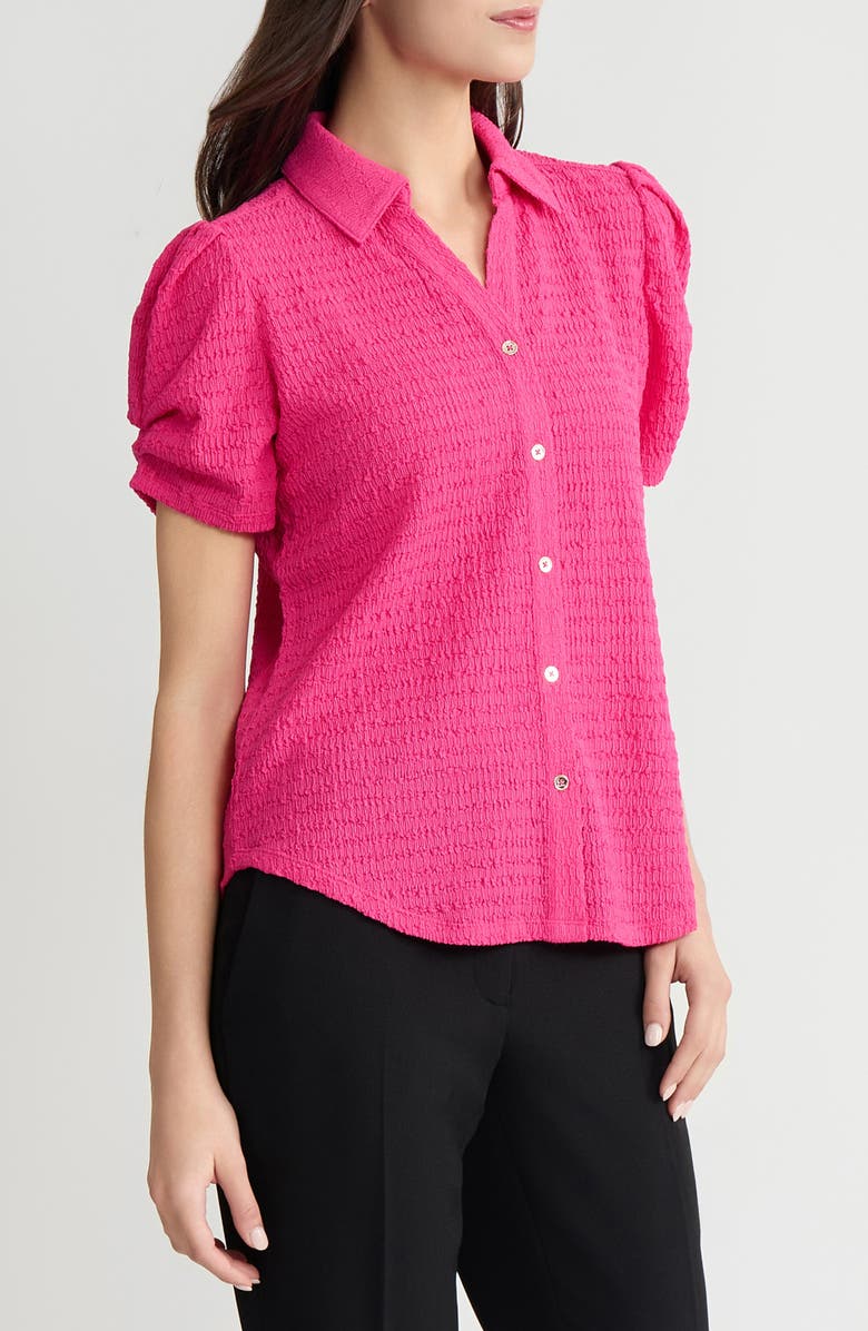 KASPER Pleat Sleeve Ridge Knit Button-Up Shirt, Alternate, color, Pink Perfection