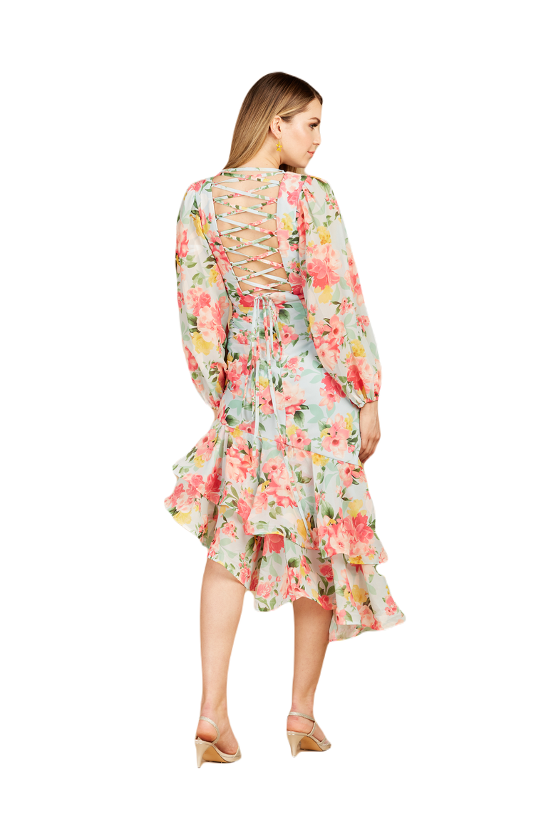 High Neck, Lace Up, Long Sleeve Printed Midi Dress, Alternate, color, Mint