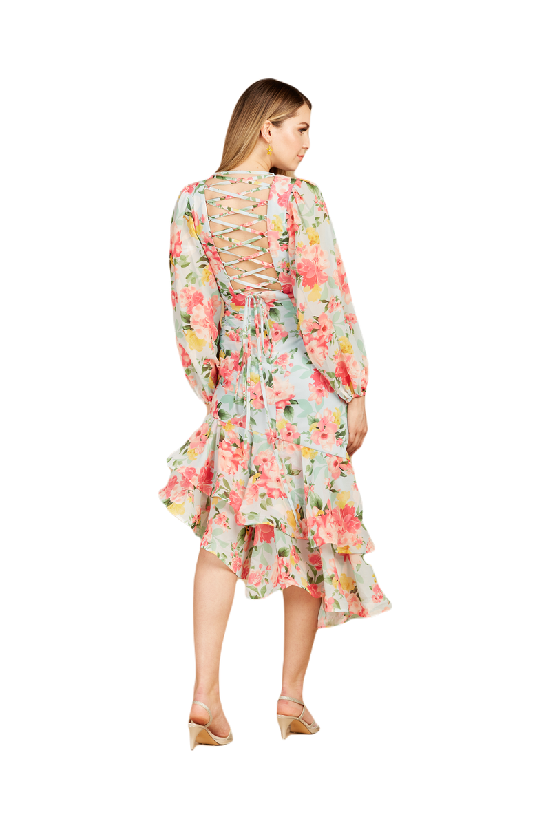 LARA New York High Neck, Lace Up, Long Sleeve Printed Midi Dress, Alternate, color, Mint