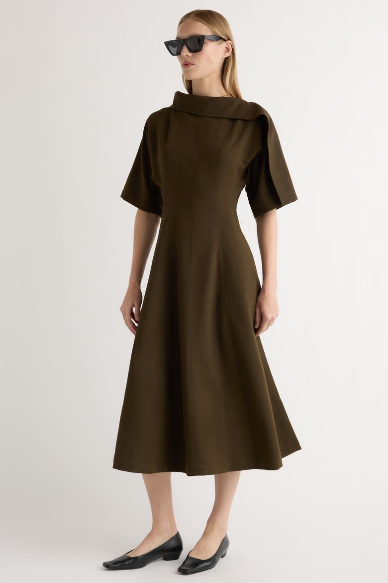 Addison Foldover Scarf-Neck Dress, Main, color, Olive Brown