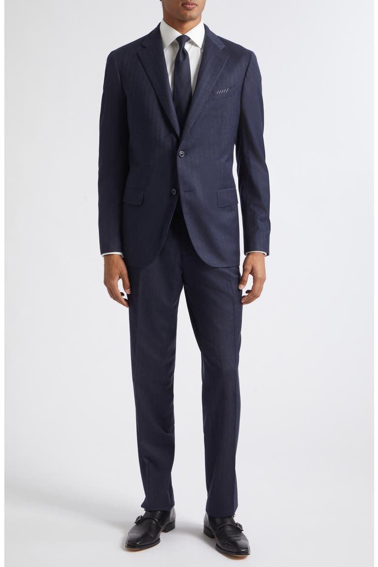 Micro Herringbone Wool and Silk Suit, Main, color, NAVY