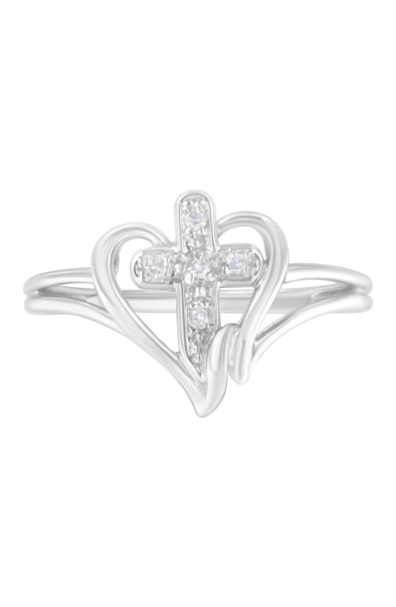 Haus of Brilliance 10K White Gold Diamond-Accented Cross & Open Heart Promise Fashion Ring, Main, color, White Gold