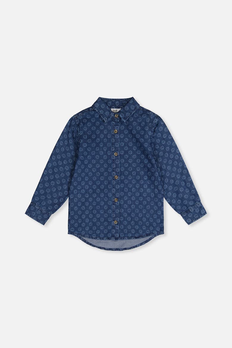 Smiley Detail Chest Pocket Chambray Shirt, Main, color, Blue Smiley Print