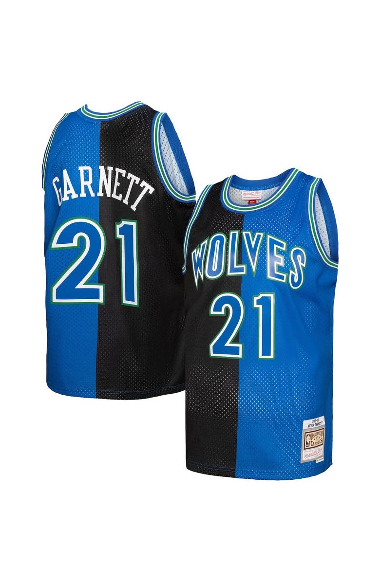 Mitchell & Ness Men's Mitchell & Ness Kevin Garnett Black/Blue Minnesota Timberwolves Hardwood Classics 1995/96 Split Swingman Jersey, Alternate, color, 
