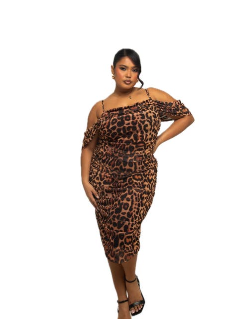 Plus Size Leopard Print Mesh Midi Dress