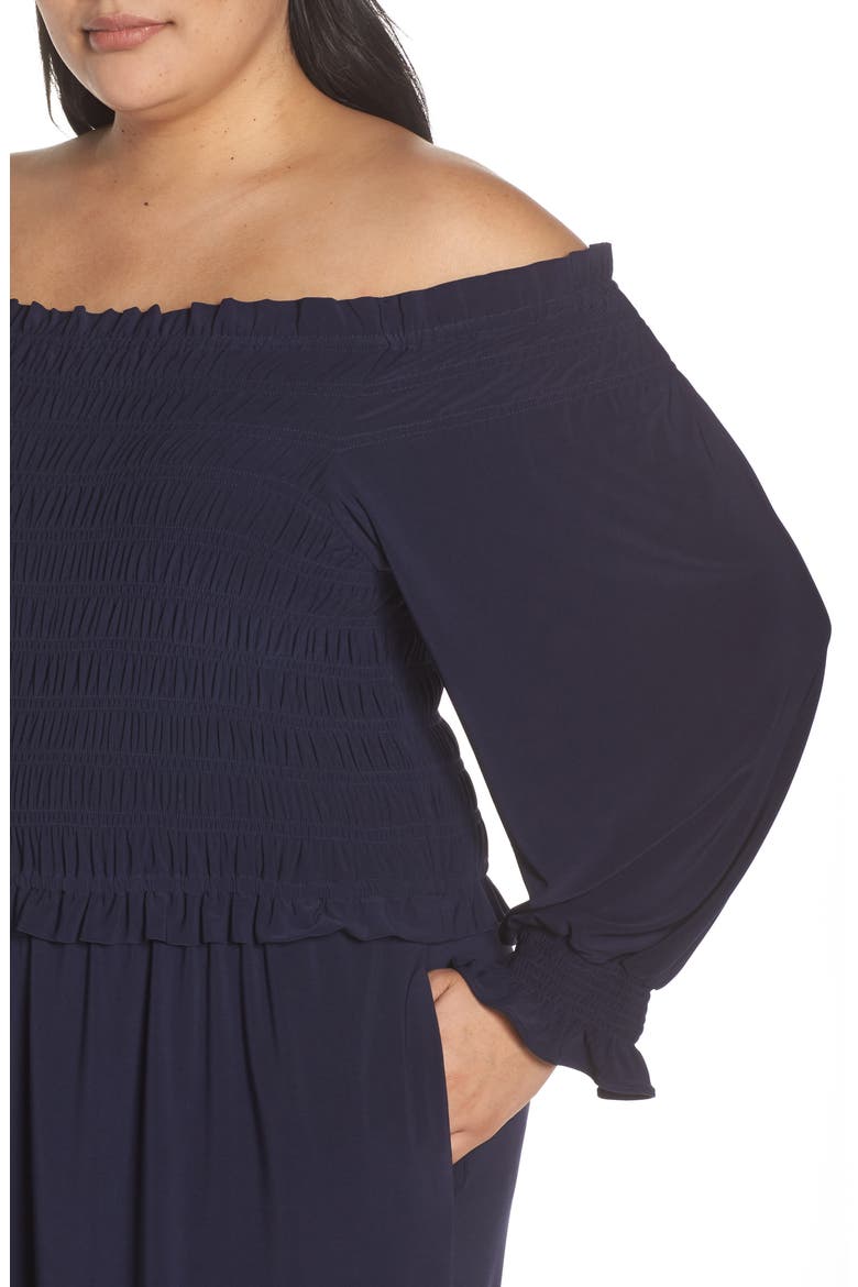 Long Sleeve Off the Shoulder Smocked Jumpsuit, Alternate, color, NAVY
