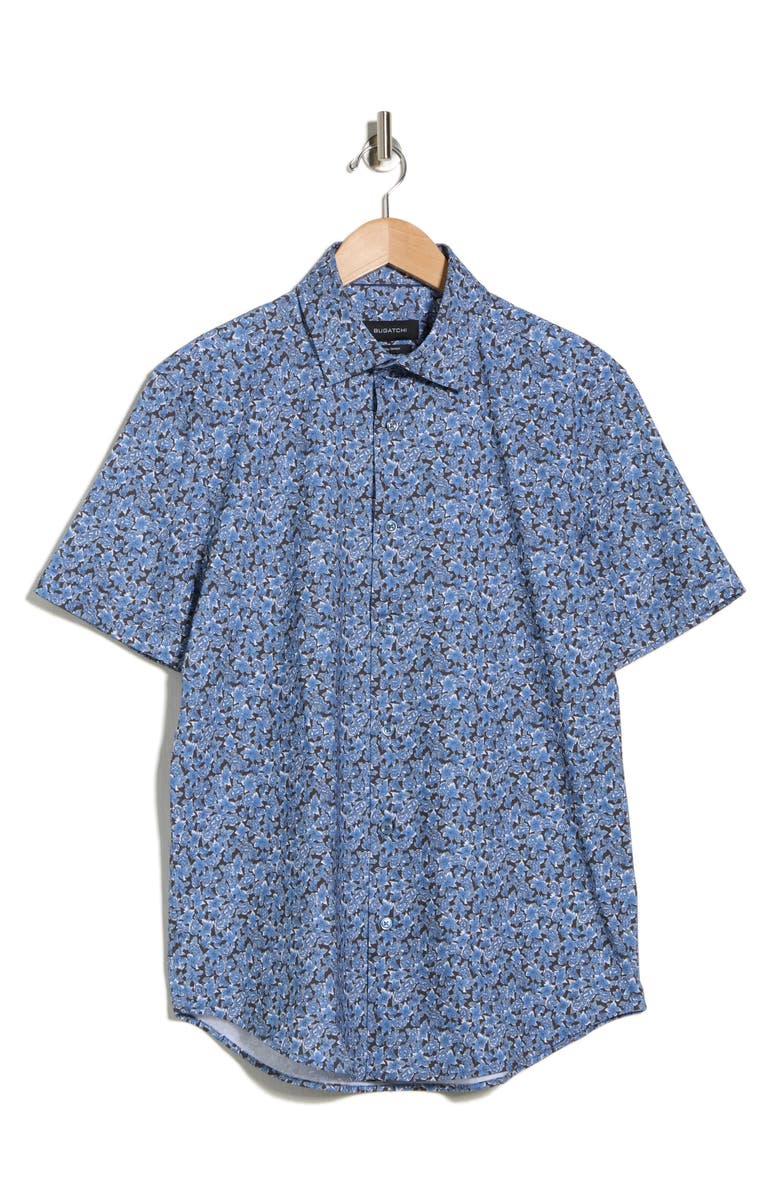 Bugatchi Print Short Sleeve Button-Up Shirt, Main, color, Night Blue