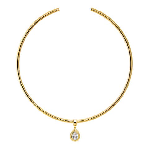 Colored CZ Pear Bezel / Solid Tube Open Collar Pendant Necklace