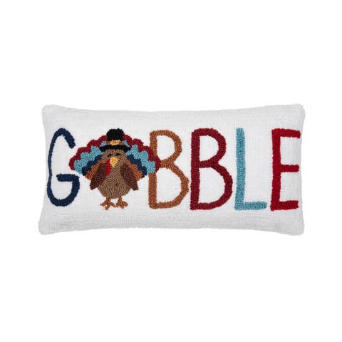 Thanksgiving "Gobble" Turkey Accent Hooked Throw Pillow, 12" x 24"