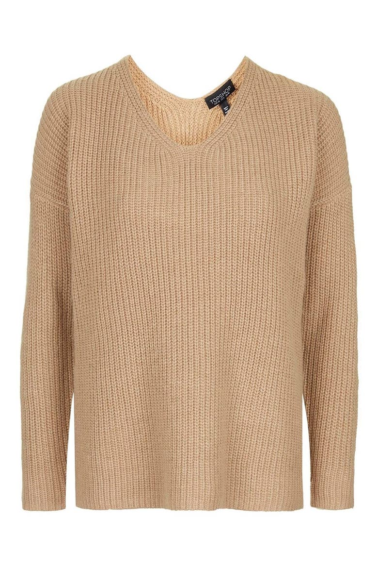 Double V-Neck Rib Sweater, Alternate, color, STONE