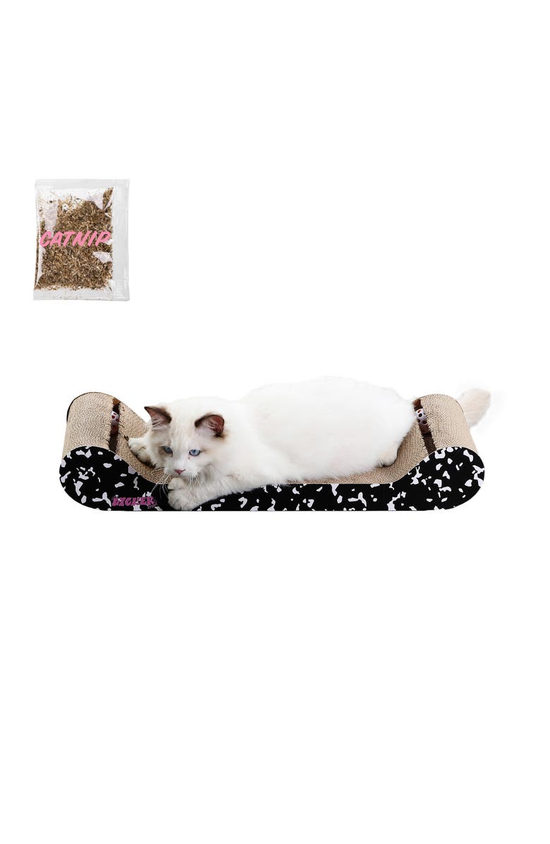 The Licker Store Rini Modern Cardboard Lounge Bed Cat Scratcher with Built-In Bell Toys and Catnip, Alternate, color, Black/White