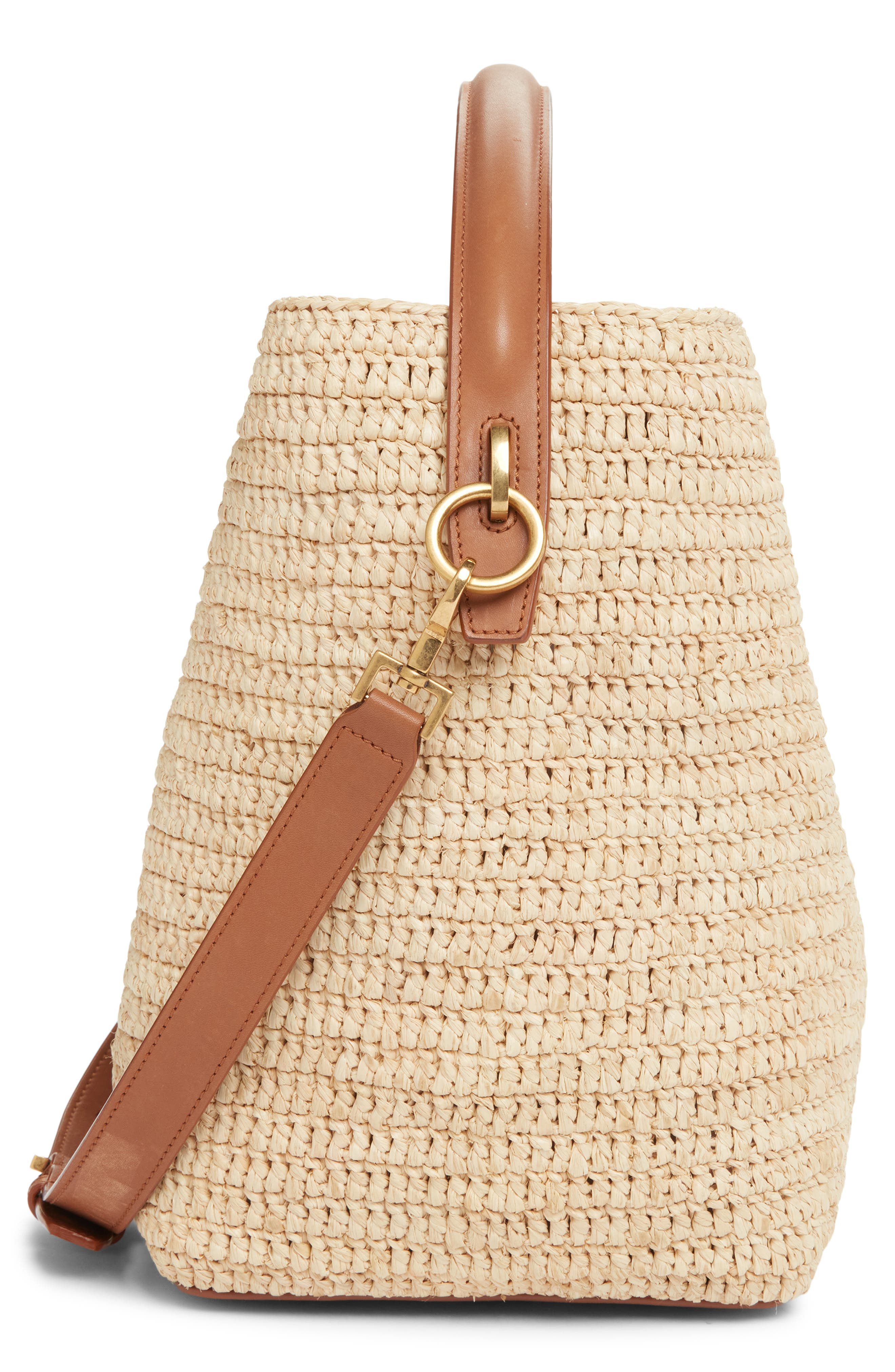 Saint Laurent Le 37 Raffia Bucket Bag, Alternate, color, Naturel/ Brick