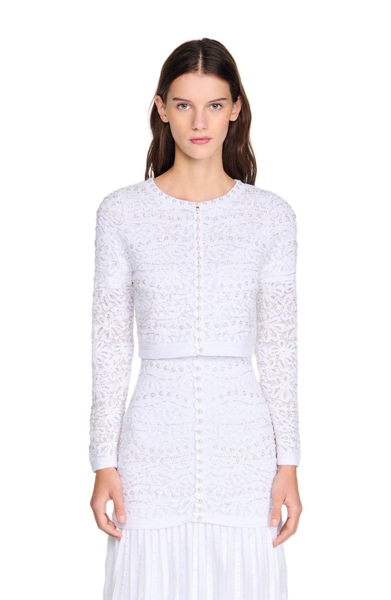 SANDRO Cropped pearl cardigan, Main, color, White