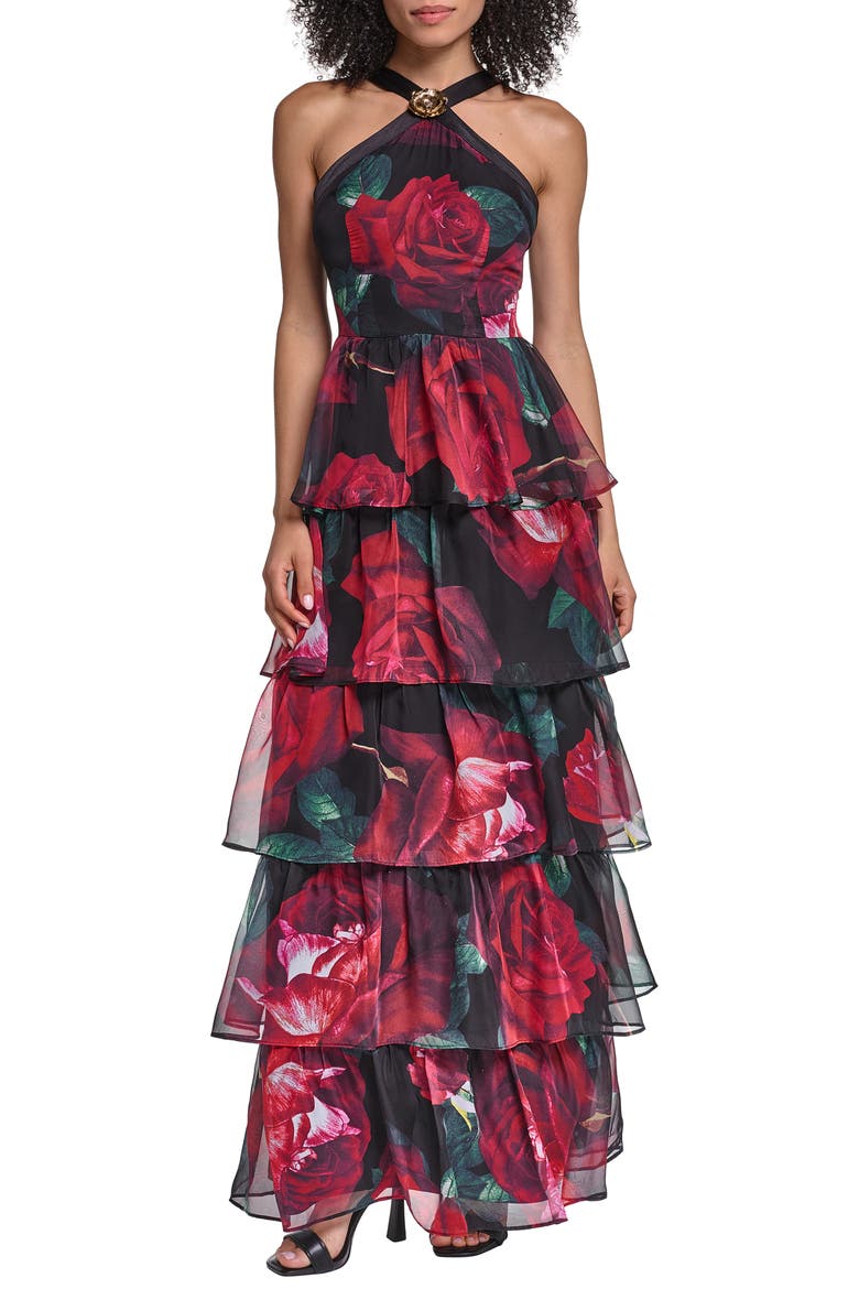 Floral Halter Neck Tiered Gown, Main, color, BLACK MULTI