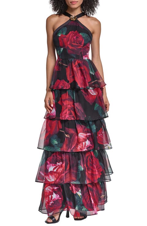 Floral Halter Neck Tiered Gown