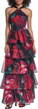 KARL LAGERFELD PARIS Floral Halter Neck Tiered Gown