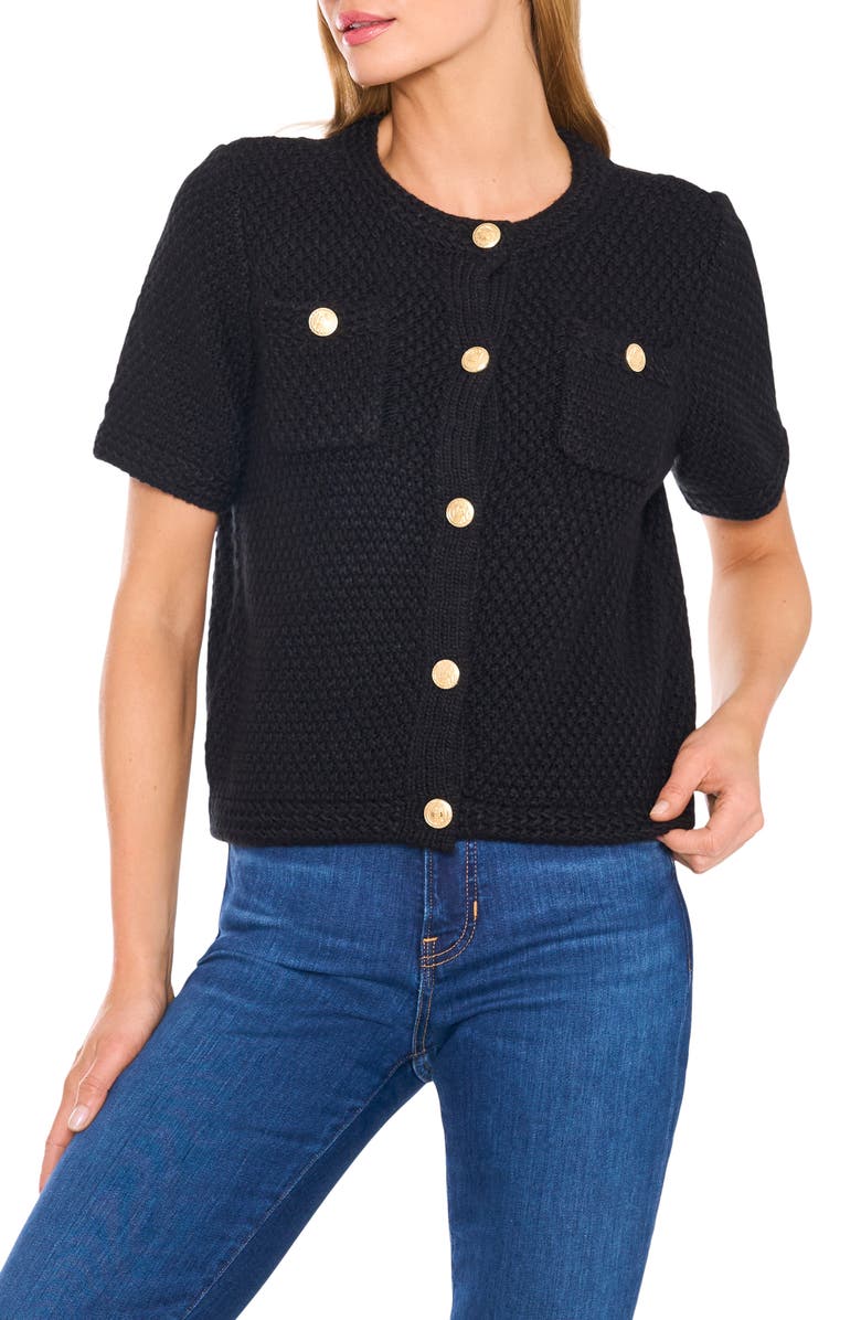 CeCe Short Sleeve Button-Up Cardigan, Main, color, Rich Black