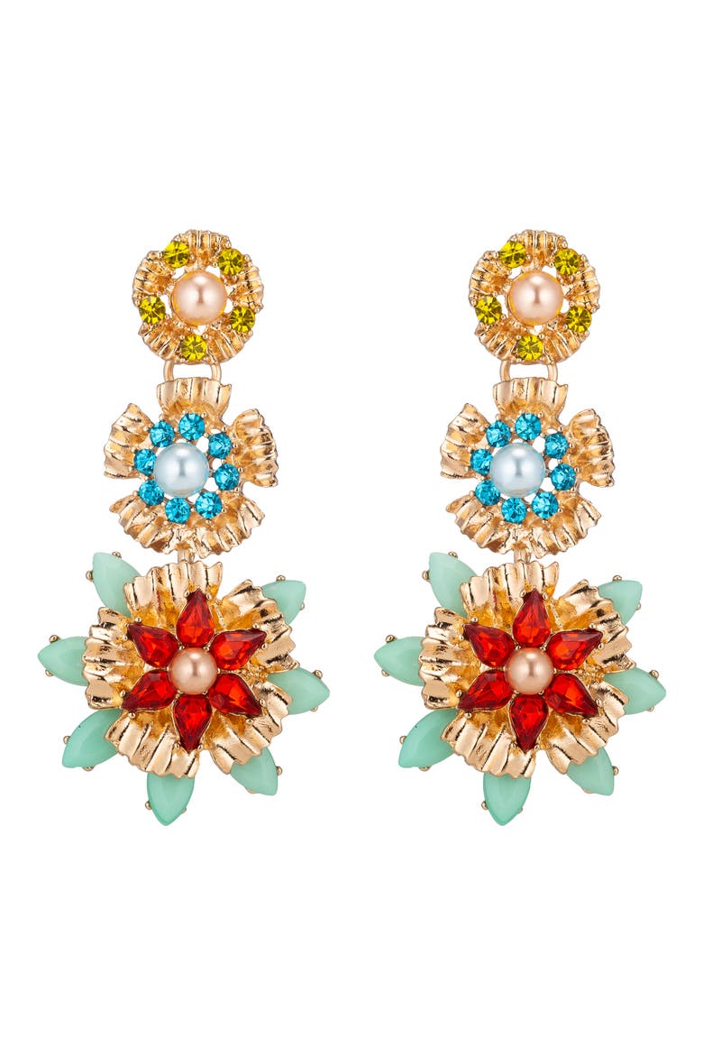 Rebecca Flower Faux Pearl Drop Earrings, Main, color, GOLD