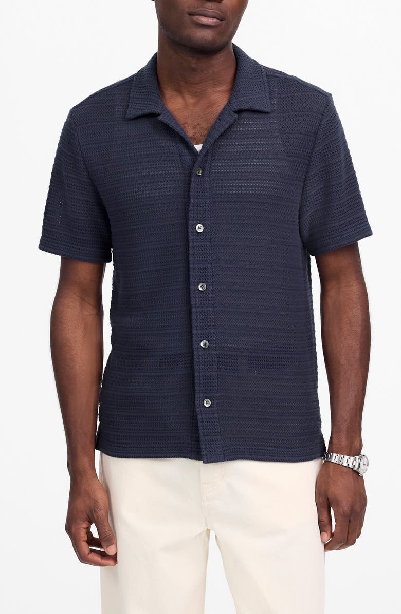 Madewell Jacquard Knit Short Sleeve Button-Up Shirt, Main, color, Ink