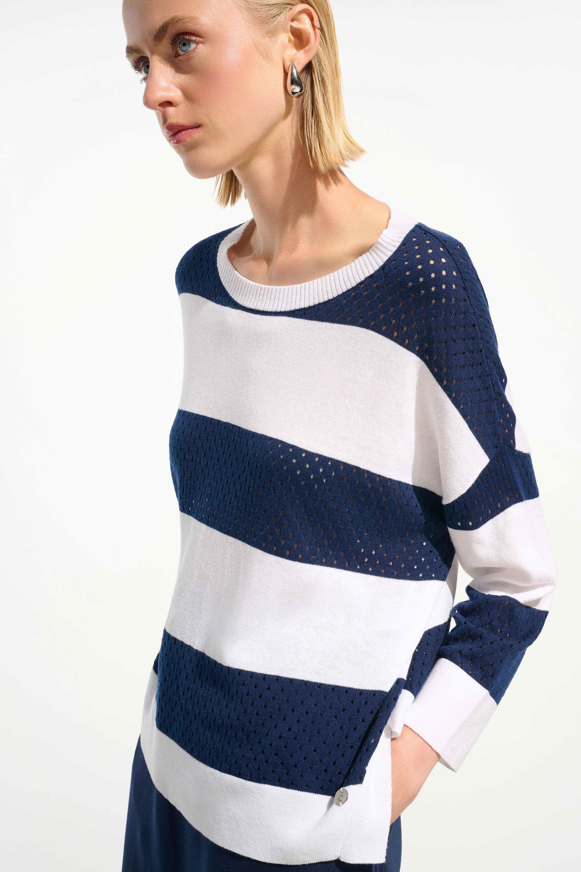 Cotton Blend Stripe Print Crewneck Sweater - image 2