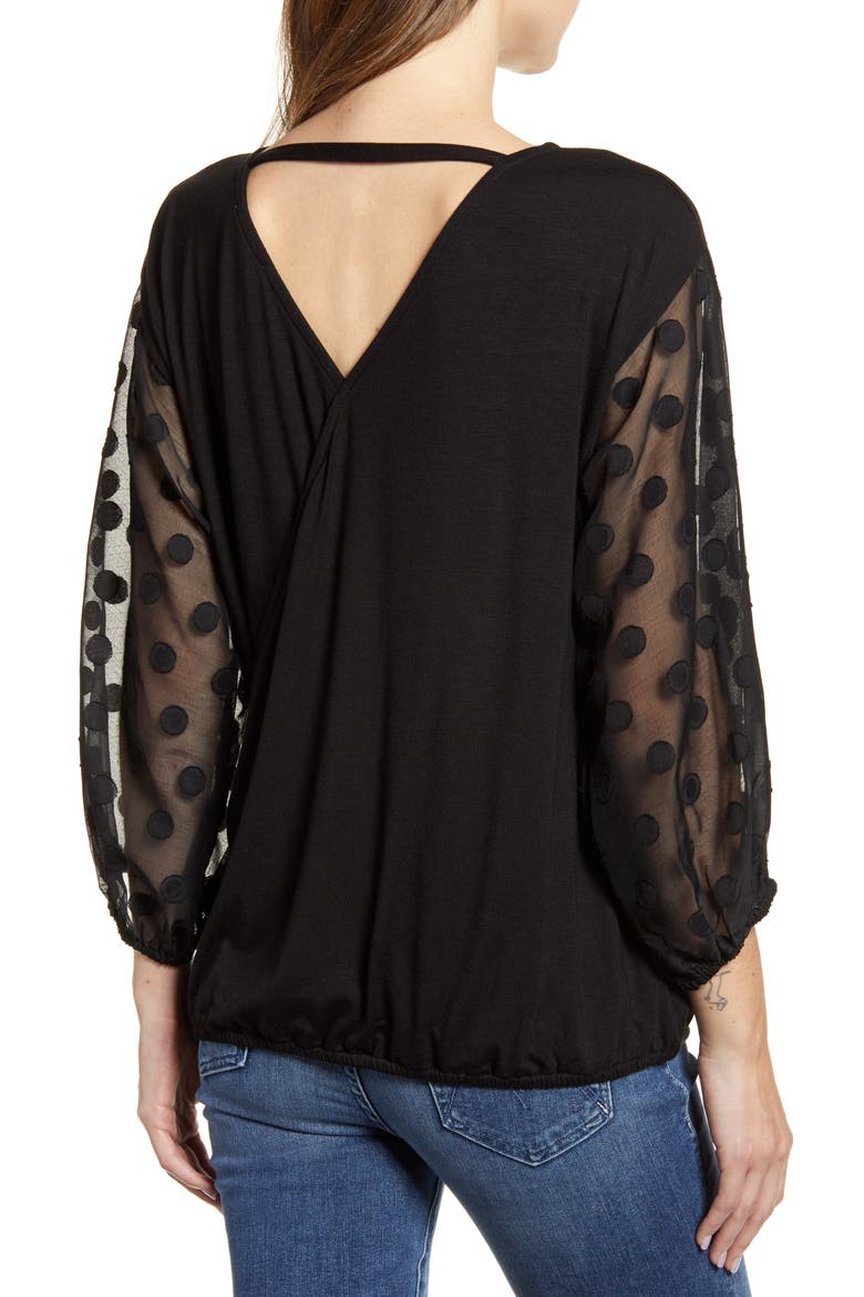 Dot Chiffon Sleeve Faux Wrap Top, Alternate, color, BLACK