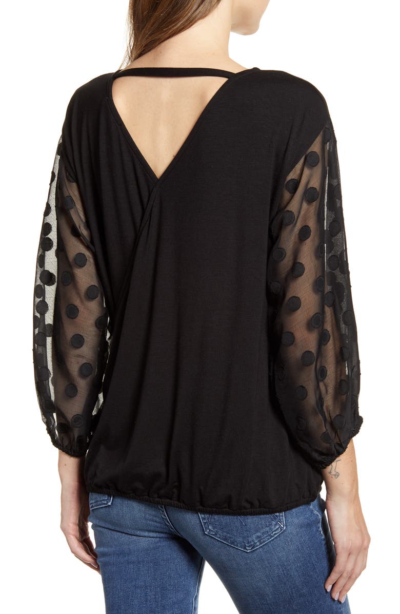 Loveappella Dot Chiffon Sleeve Faux Wrap Top, Alternate, color, 