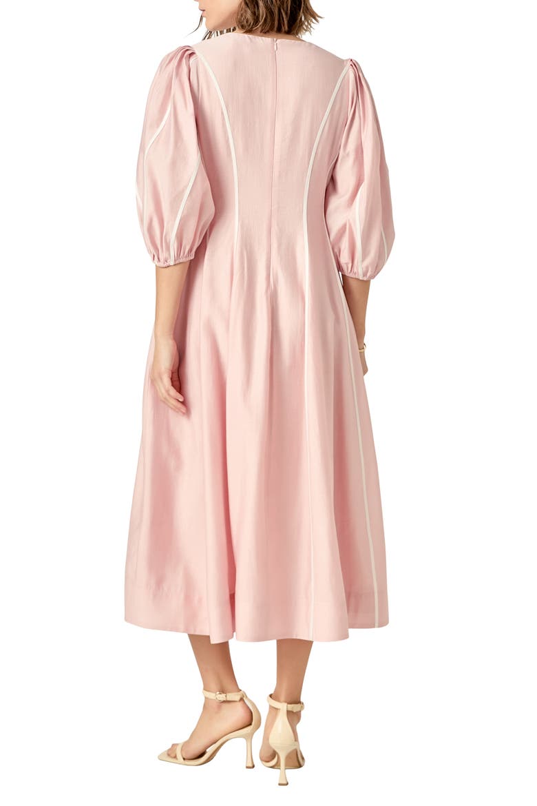 Contrast Binding Puff Shoulder Midi Dress, Alternate, color, PINK