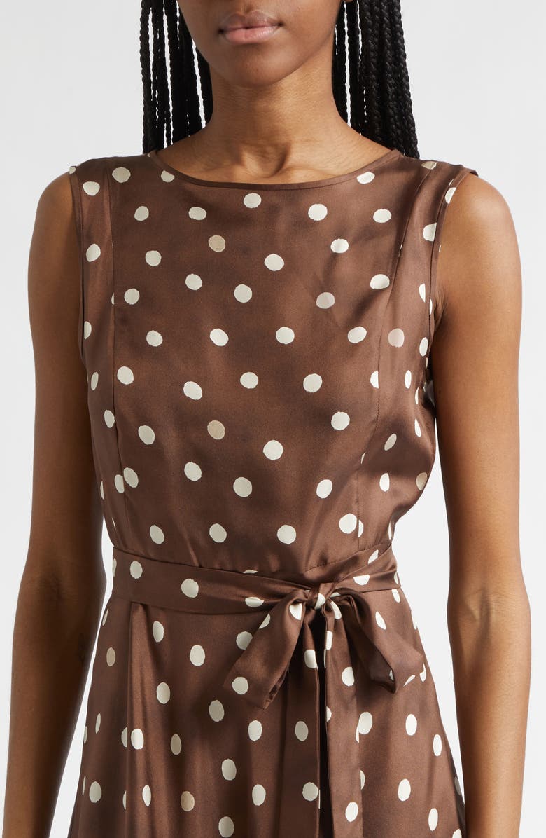 Max Mara Martina Polka Dot Silk Twill Midi Dress, Alternate, color, Brown