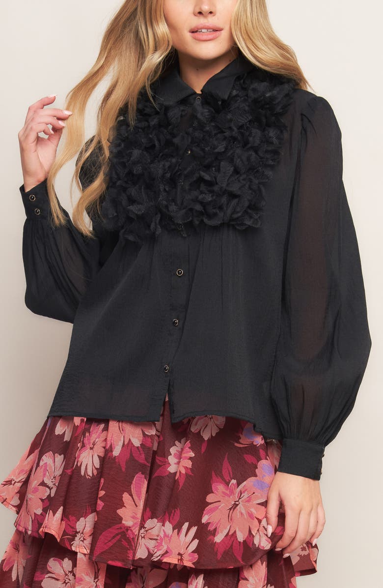 FLYING TOMATO Floral Appliqué Button-Up Shirt, Alternate, color, Black