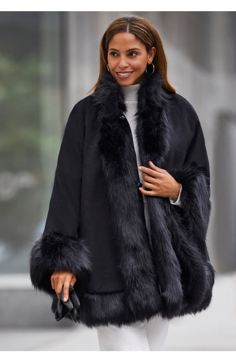 Jessica London Faux Fur Trim Wool Cape, Alternate, color, Black