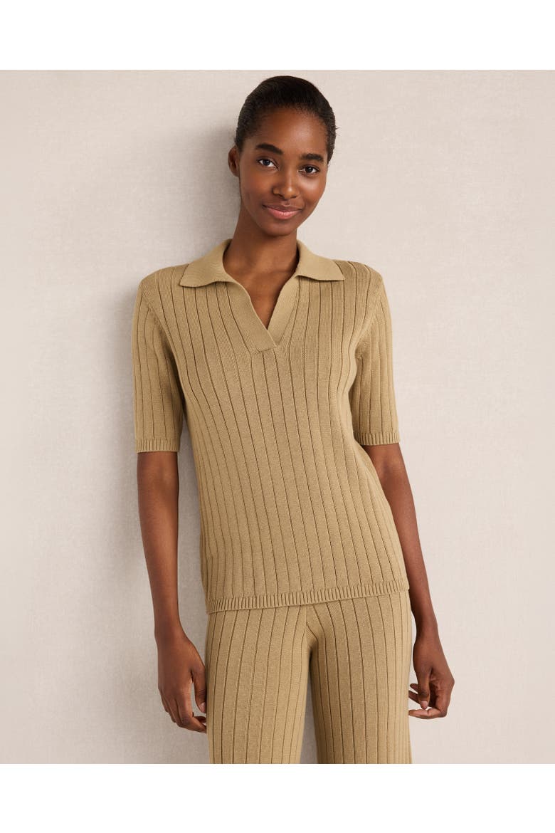 Organic Cotton Ribbed Short Sleeve Polo Sweater, Main, color, Truffle