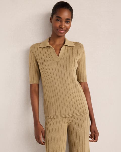 Organic Cotton Ribbed Short Sleeve Polo Sweater