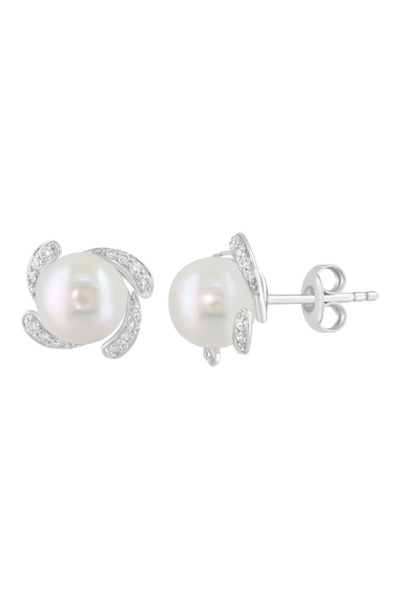 Sterling Silver Freshwater Pearl & Diamond Stud Earrings, Alternate, color, WHITE