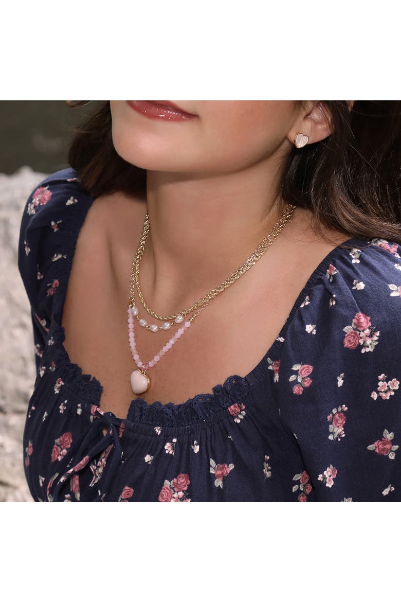 Heart Necklaces for Women 3-Piece Set Gold-Tone, Pink Beads, Alternate, color, Gold-Tone