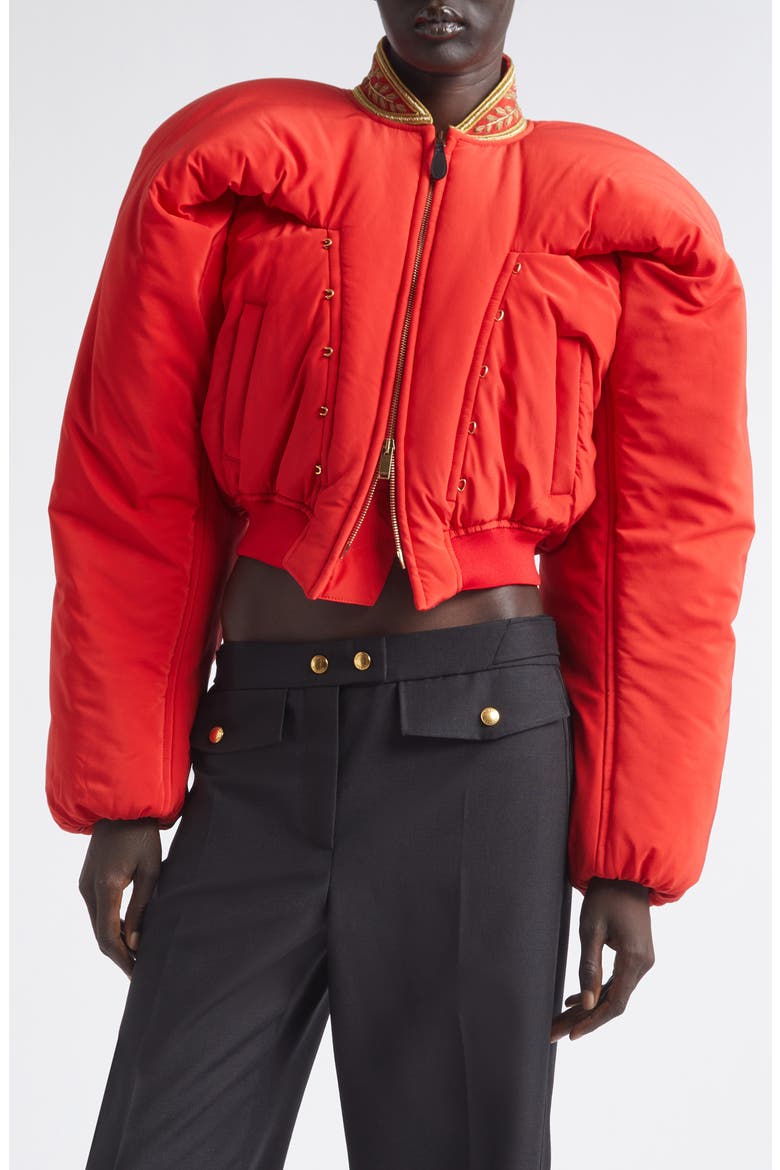 Crop Silk Bomber Jacket, Main, color, FLAME RED