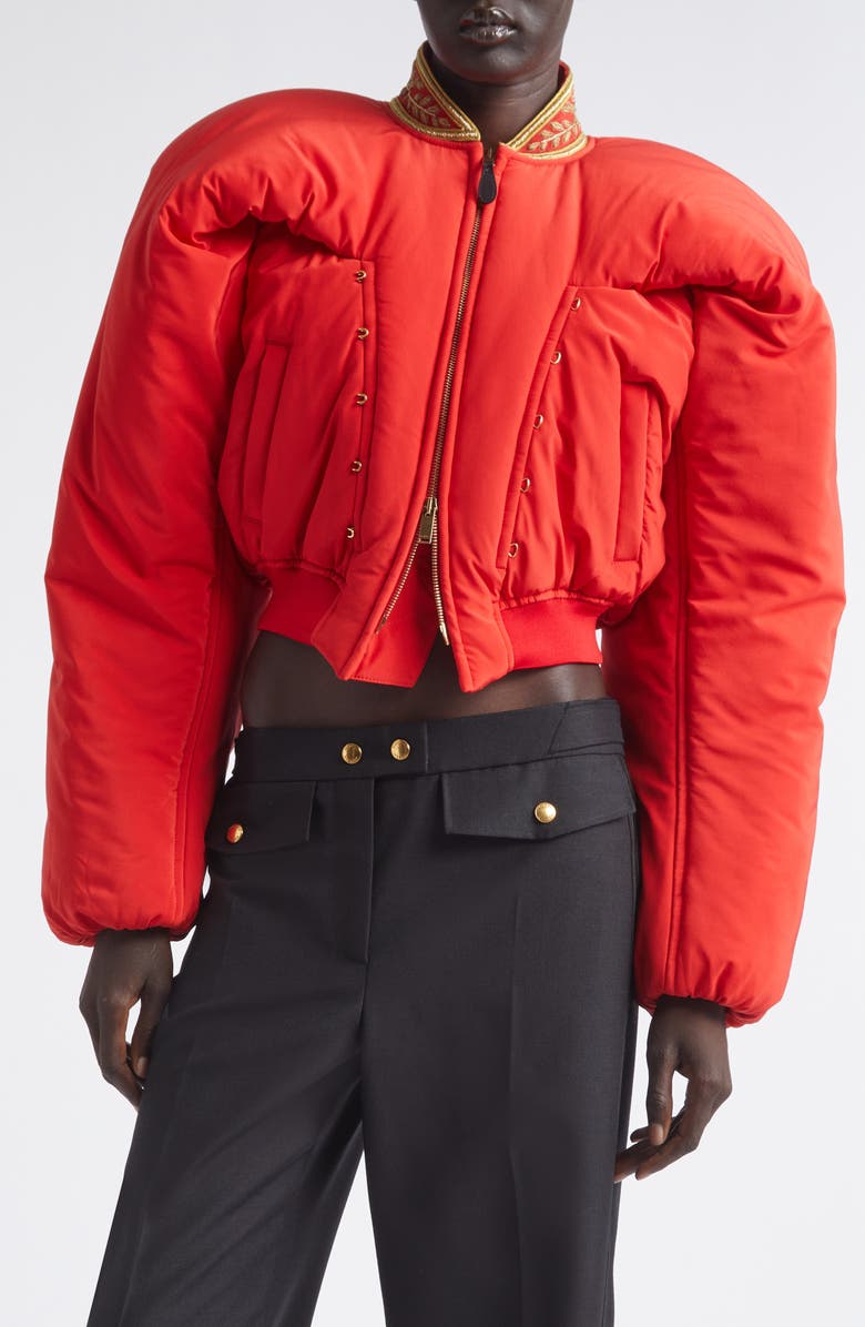 McQueen Crop Silk Bomber Jacket, Main, color, Flame Red